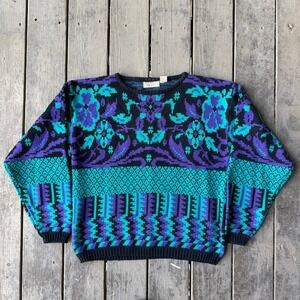 Country Craft Vintage 80s Mens Teal Purple Floral Geometric Knit Sweater Retro L